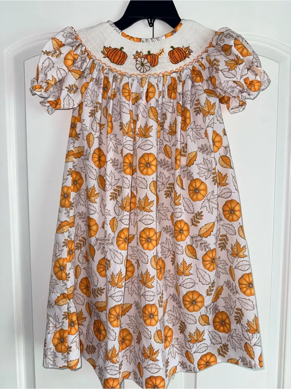 Girls Smocked Bishop Pumpkin Dress Fall Autumn Leaves size 6